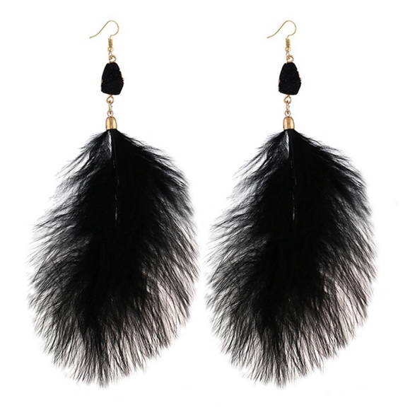 Jewelry - Druzy Stone Long Black Feather Earrings
